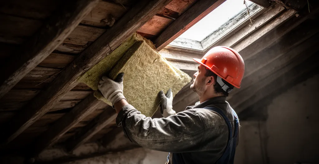 Artisan installant un panneau isolant dans les combles d'une maison ancienne