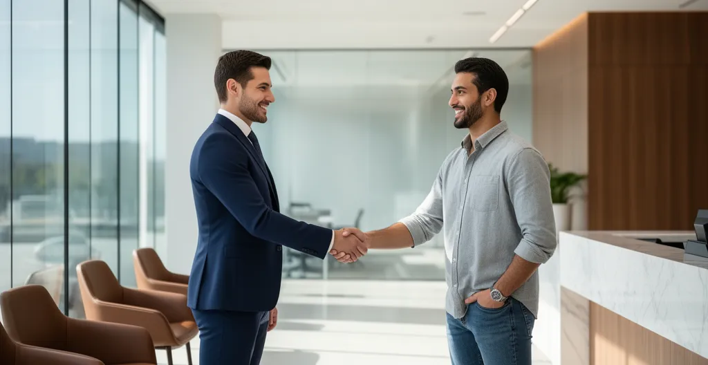Conseiller bancaire serrant la main d'un client dans une agence moderne