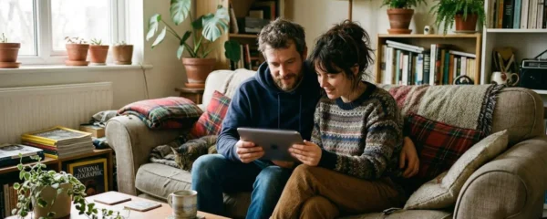 Un couple assis sur un canapé consulte ensemble une tablette dans un salon lumineux en fin d'après-midi