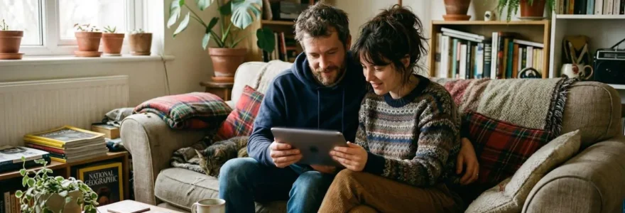 Un couple assis sur un canapé consulte ensemble une tablette dans un salon lumineux en fin d'après-midi