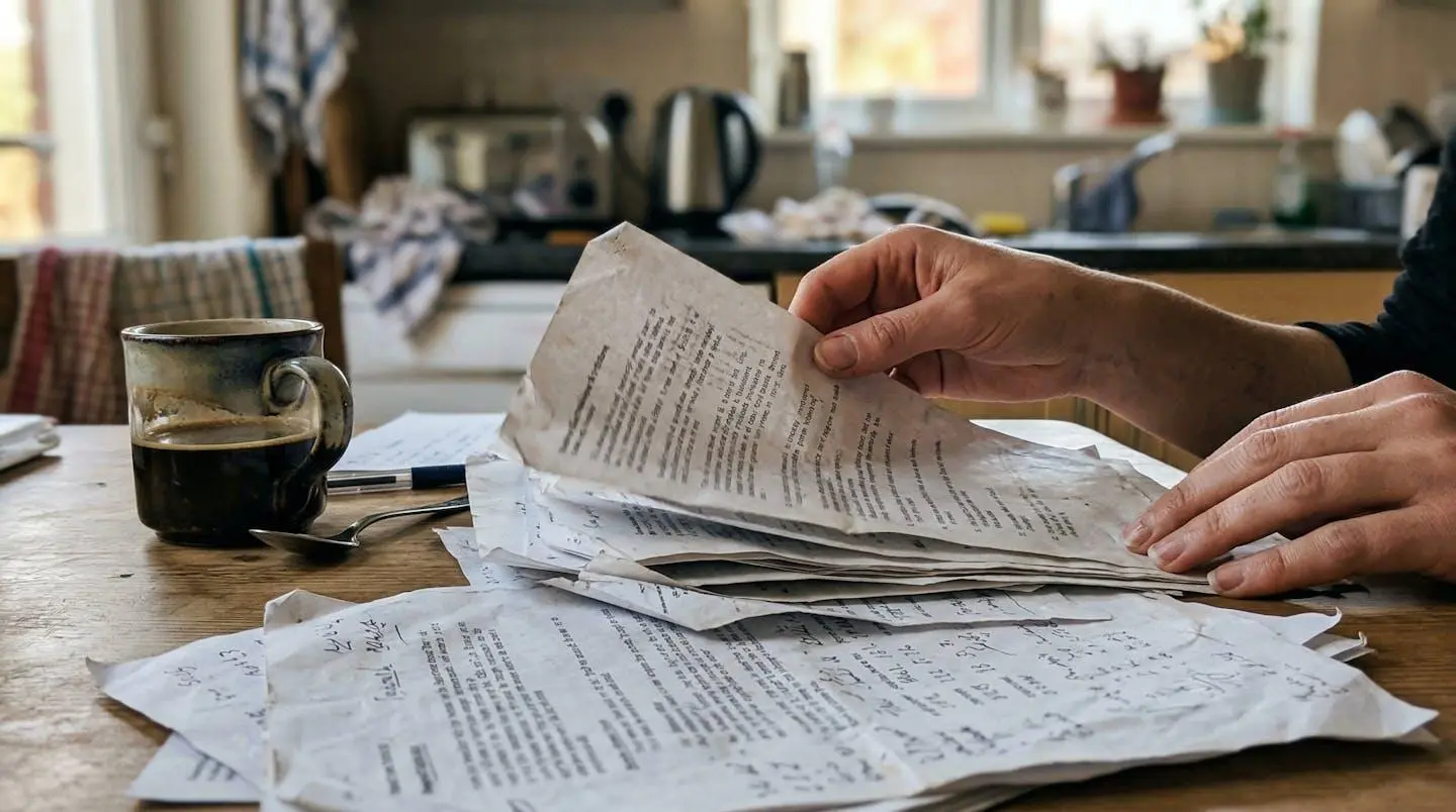 Mains d'une personne feuilletant des documents papier sur une table de cuisine avec une tasse de café à côté