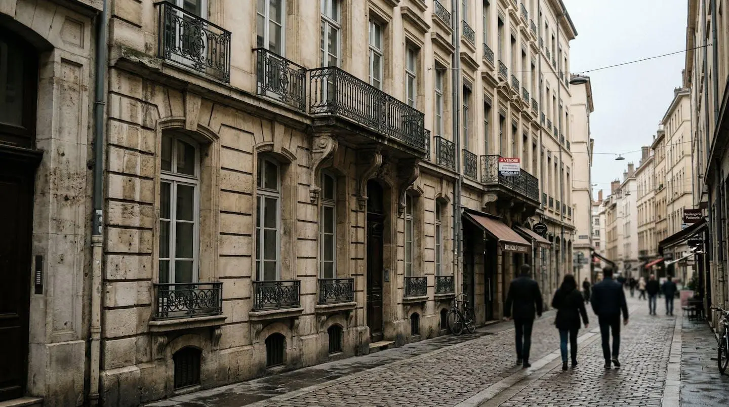 Vue partielle d'une rue lyonnaise avec immeubles haussmanniens et passants de dos sous un ciel légèrement voilé