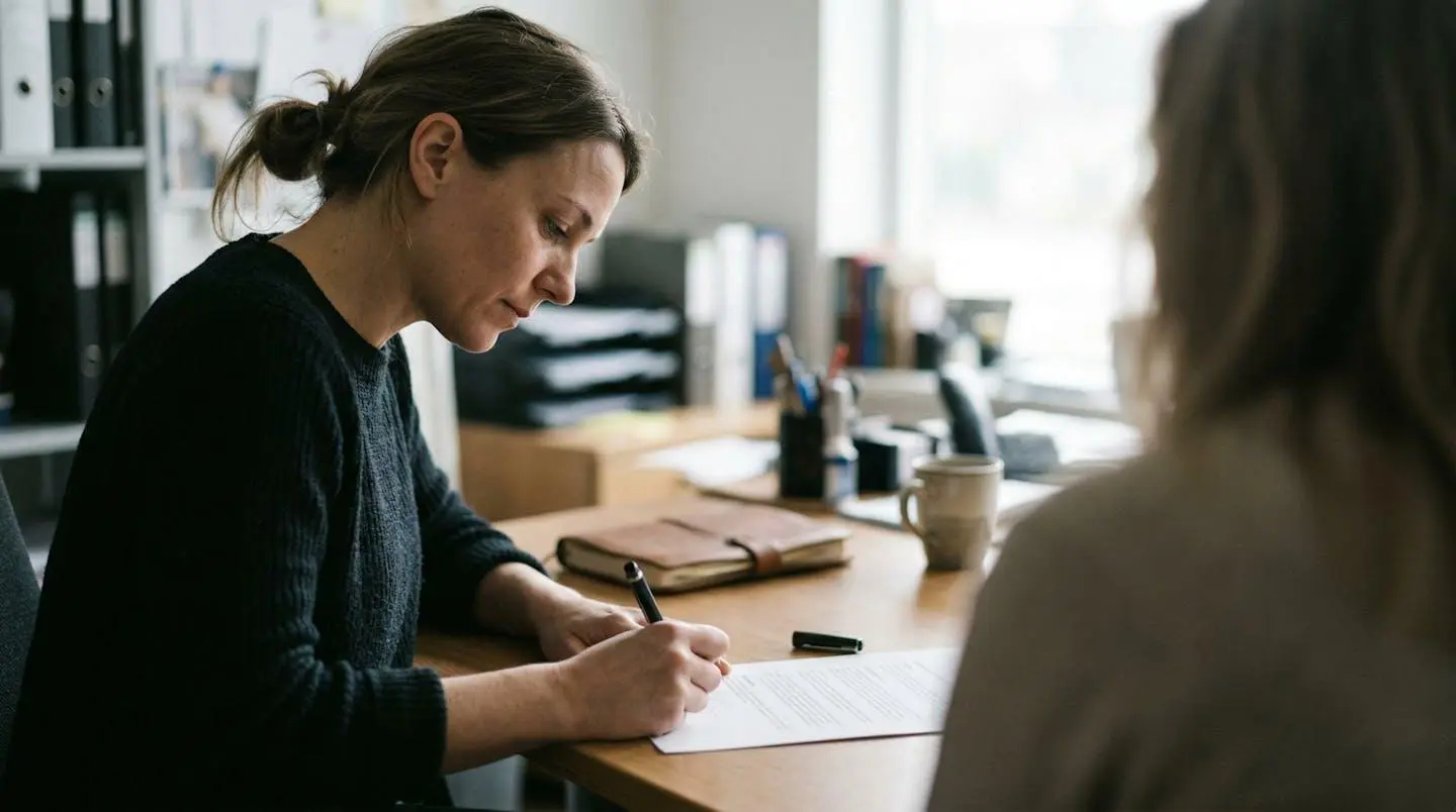 Personne de profil signant un document sur un bureau avec une autre personne floue en face