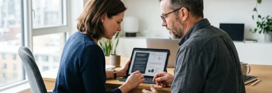 Couple assis à une table moderne consultant ensemble une tablette dans un intérieur contemporain lumineux