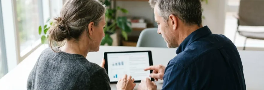 Couple assis à une table moderne consultant ensemble une tablette dans un intérieur contemporain lumineux