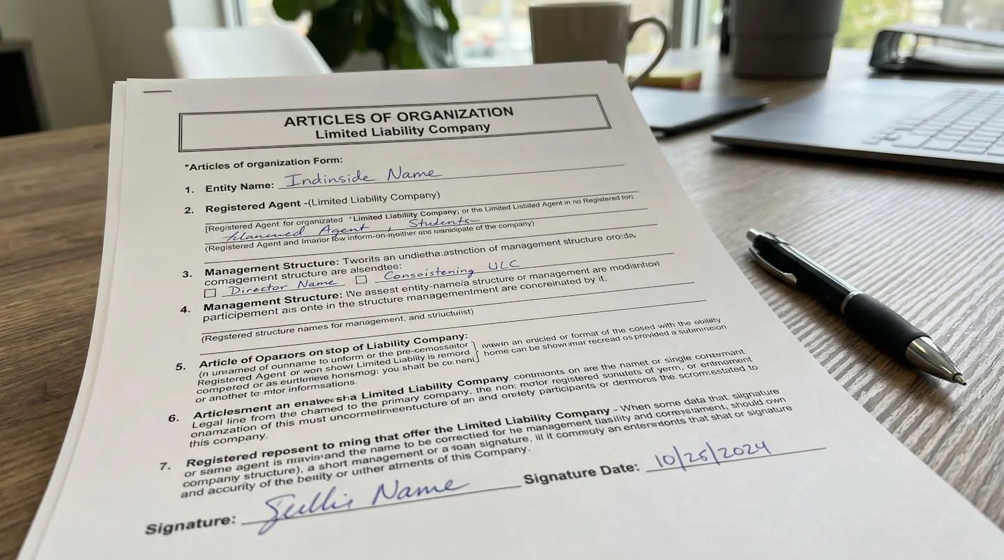 Macro photographie d'un document Articles of Organization pour création de LLC avec cachet officiel d'État américain visible