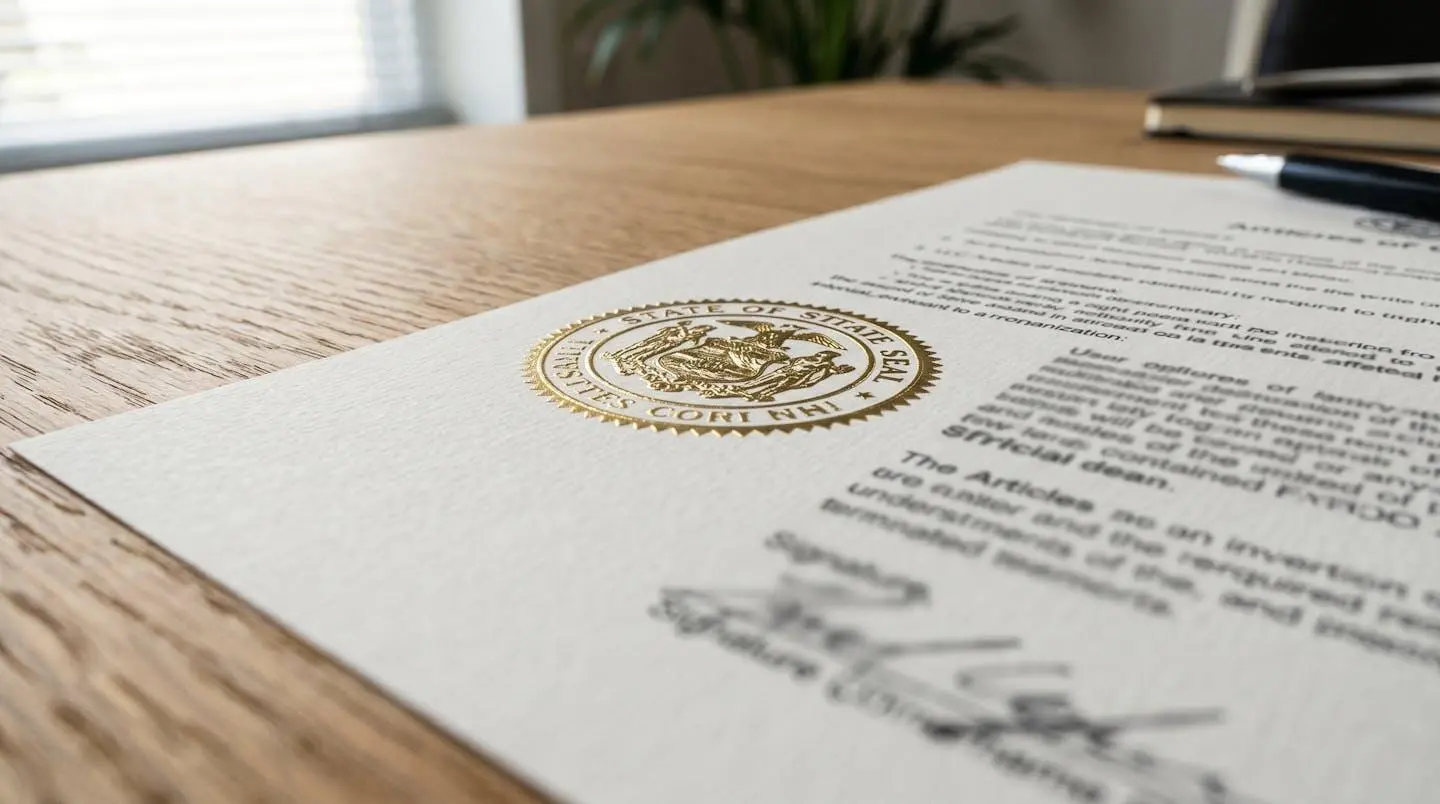 Macro photographie d'un document Articles of Organization pour création de LLC avec cachet officiel d'État américain visible