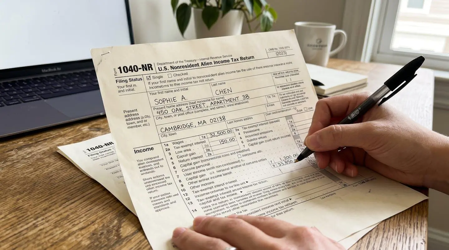Gros plan d'un formulaire fiscal IRS 1040-NR avec un tampon officiel visible et un stylo posé à côté sur un bureau moderne