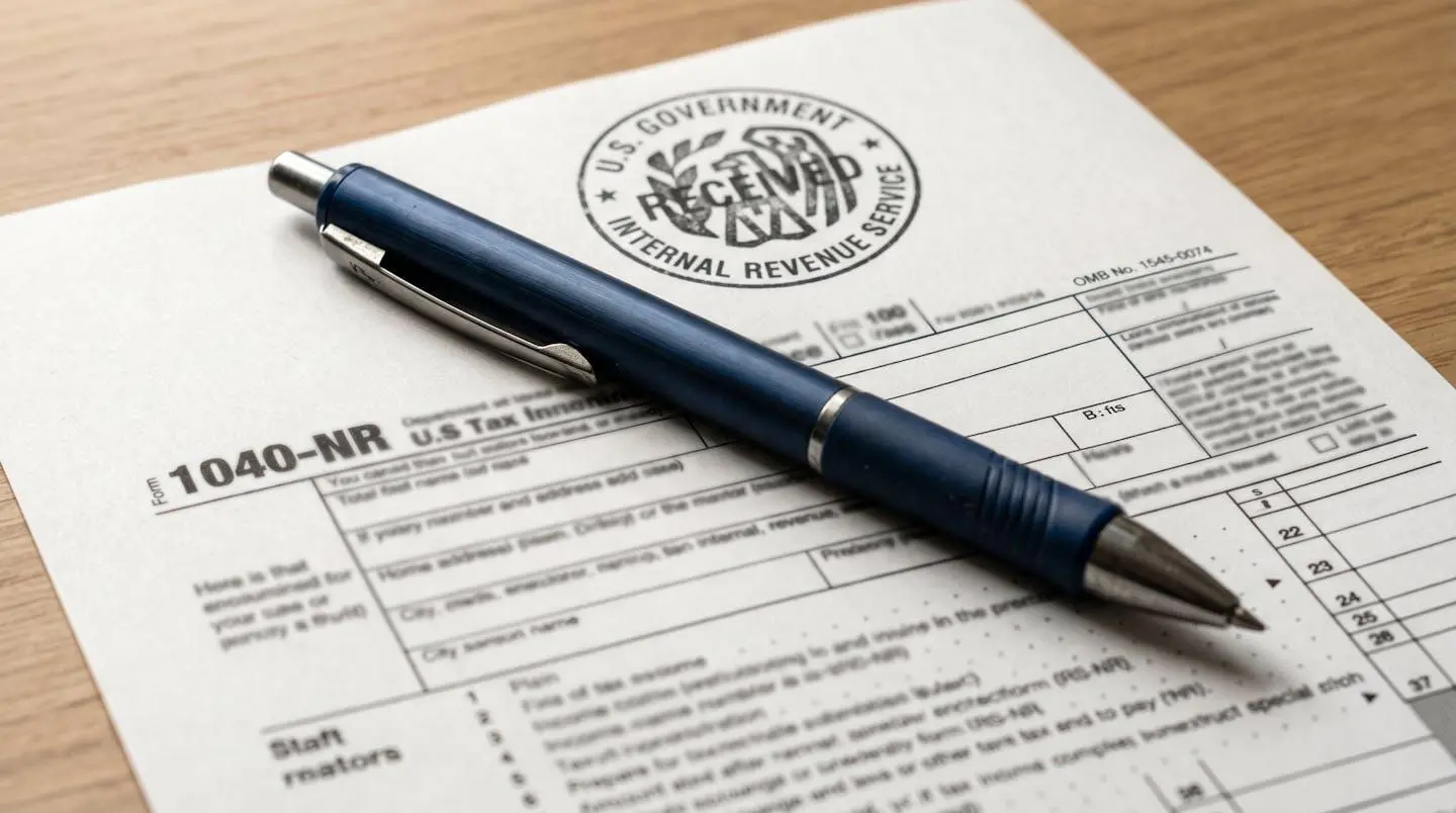 Gros plan d'un formulaire fiscal IRS 1040-NR avec un tampon officiel visible et un stylo posé à côté sur un bureau moderne