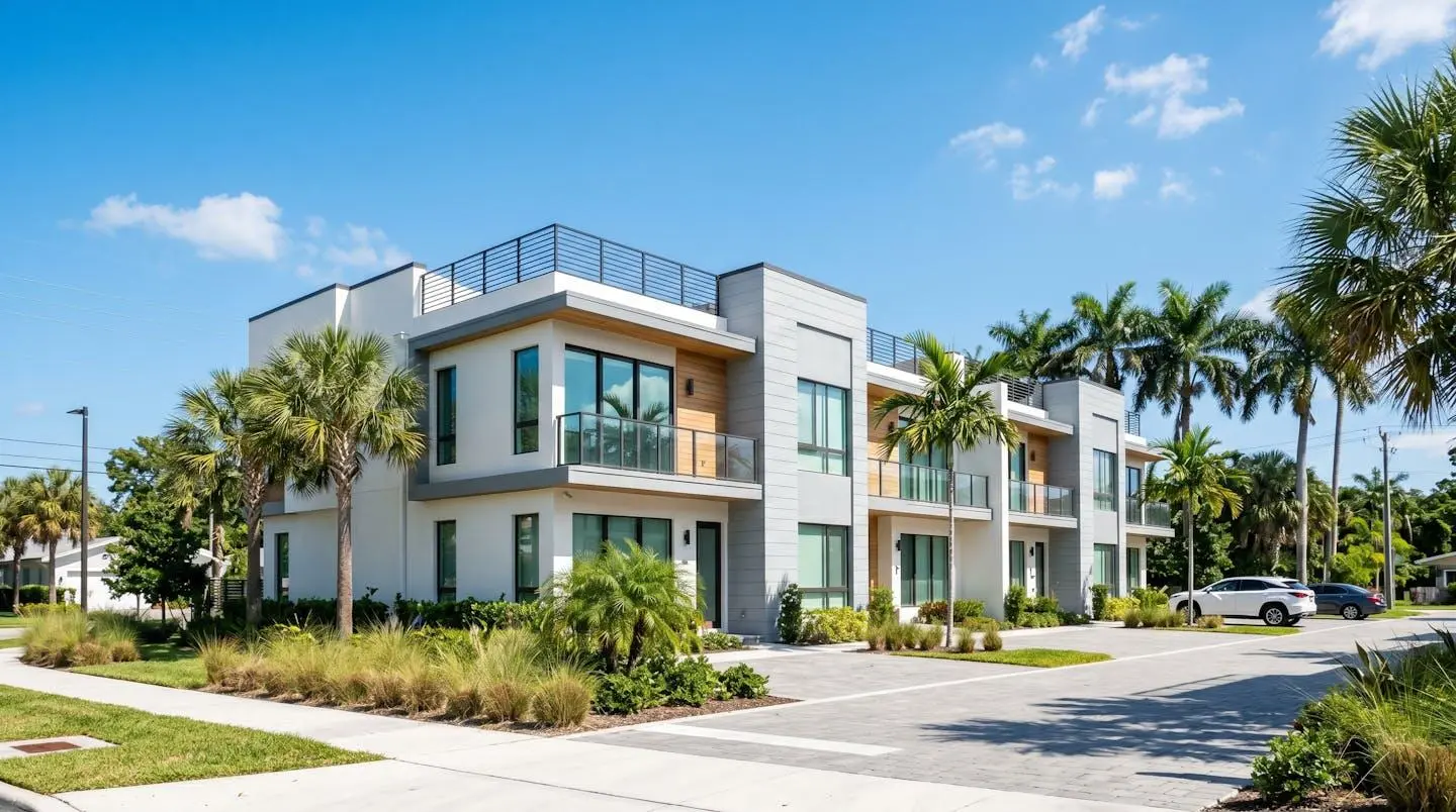 Vue extérieure d'un townhouse moderne en Floride avec architecture contemporaine, ciel bleu et palmiers en arrière-plan