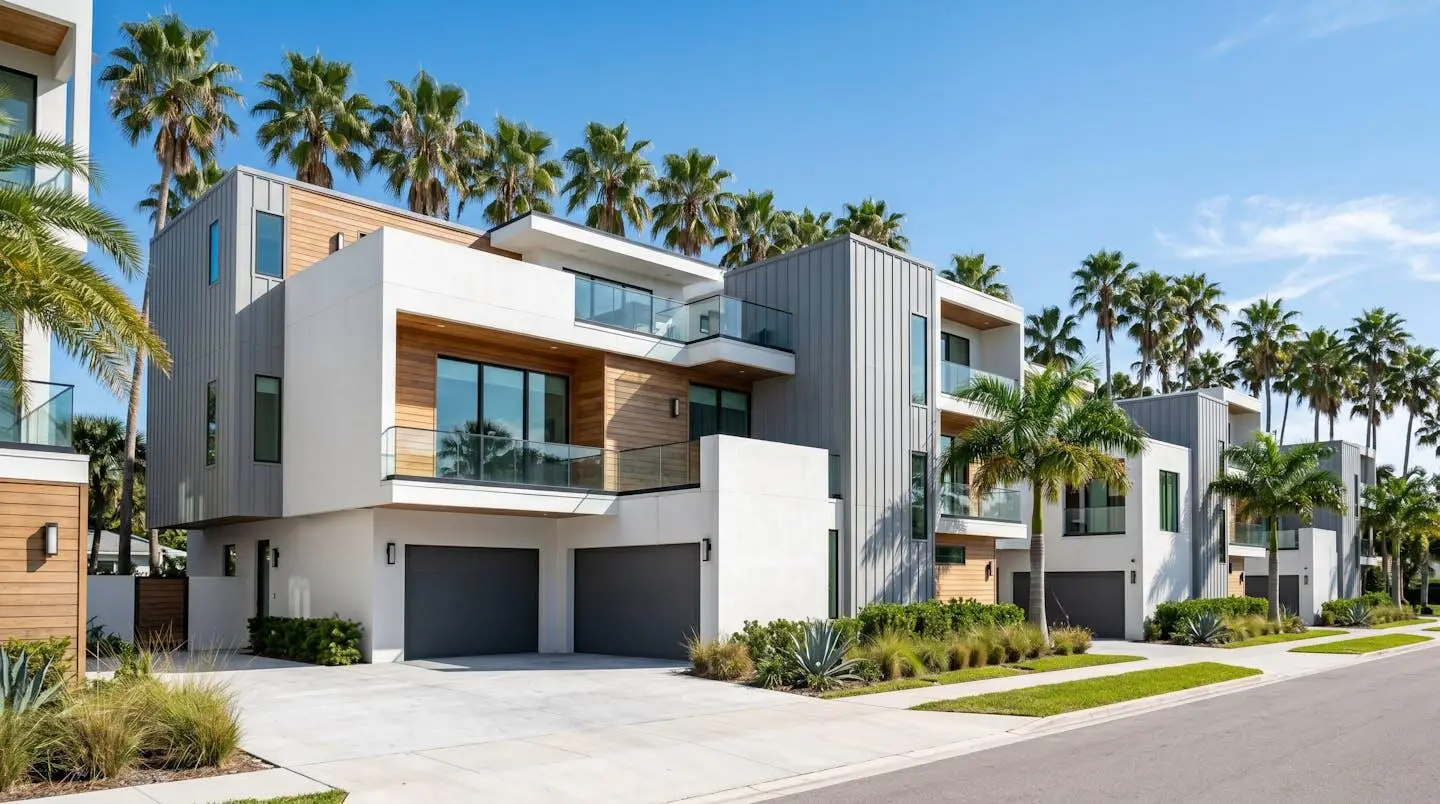 Vue extérieure d'un townhouse moderne en Floride avec architecture contemporaine, ciel bleu et palmiers en arrière-plan