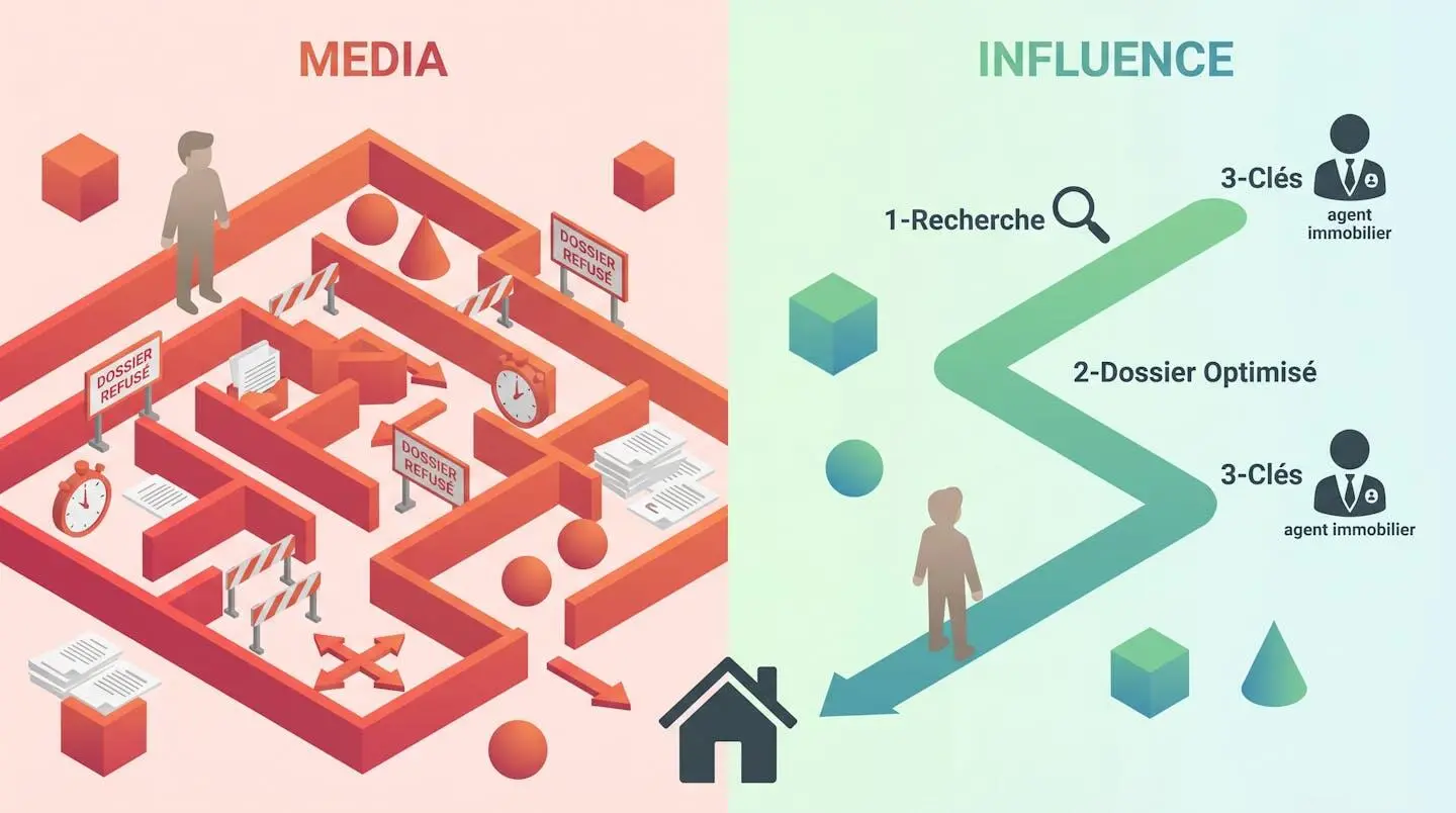 Infographie 3D illustrant deux parcours locatifs : à gauche, un labyrinthe complexe représentant la recherche autonome