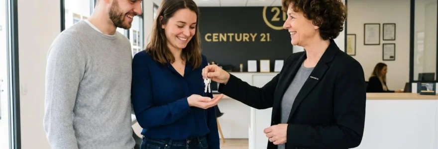Jeune couple serrant la main d'une conseillère CENTURY 21 qui leur remet les clés d'un logement dans une agence lumineuse.