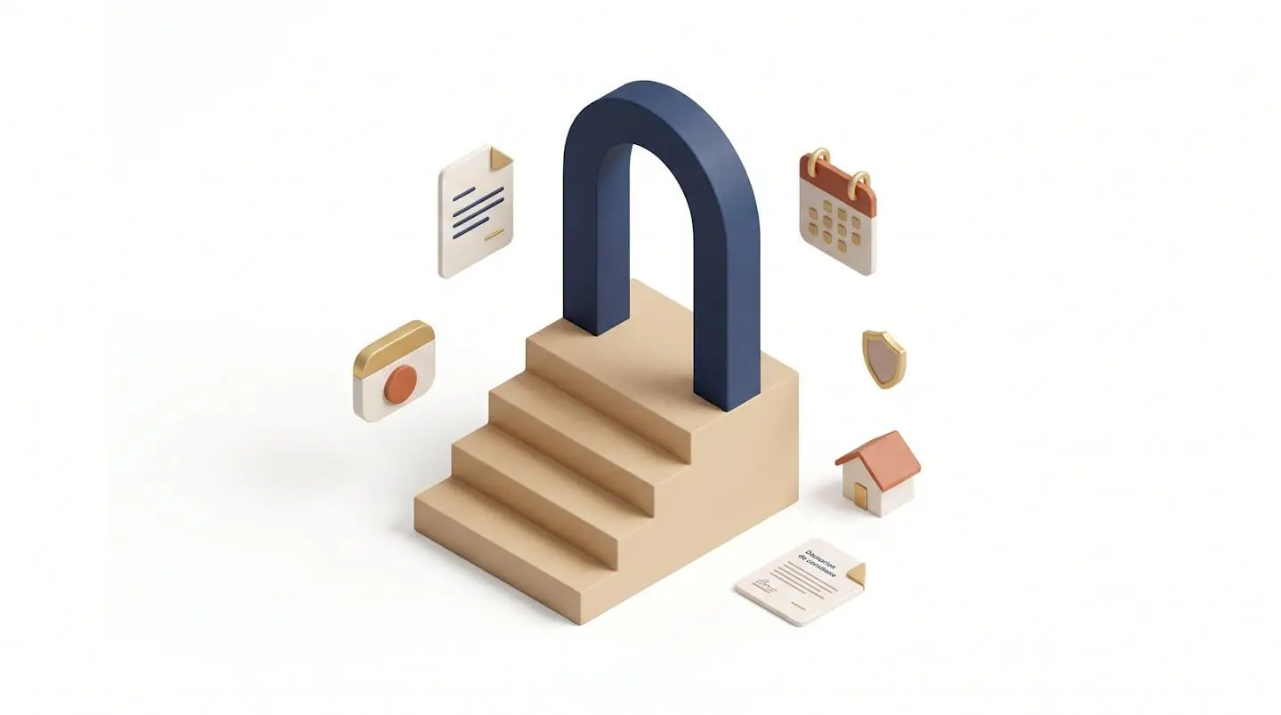 Illustration 3D isométrique minimaliste montrant un escalier géométrique menant à une arche stylisée, avec icônes flottantes de document, calendrier, bouclier et maison sur fond clair