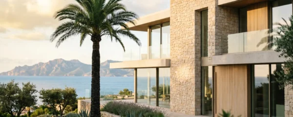 Façade contemporaine d'une résidence de prestige aux tons clairs avec grandes baies vitrées, palmier au premier plan et mer Méditerranée en arrière-plan sous lumière matinale dorée