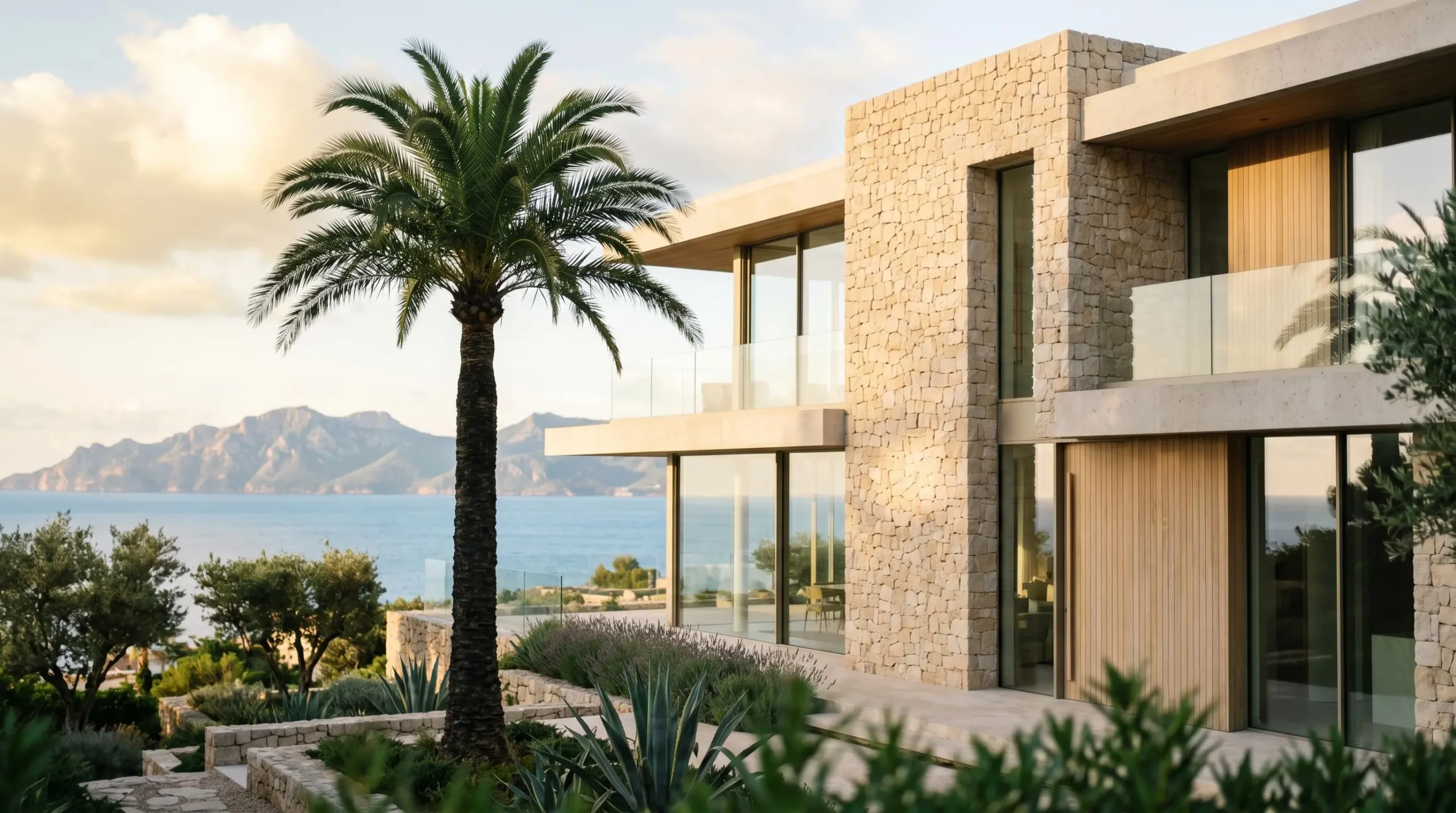 Façade contemporaine d'une résidence de prestige aux tons clairs avec grandes baies vitrées, palmier au premier plan et mer Méditerranée en arrière-plan sous lumière matinale dorée