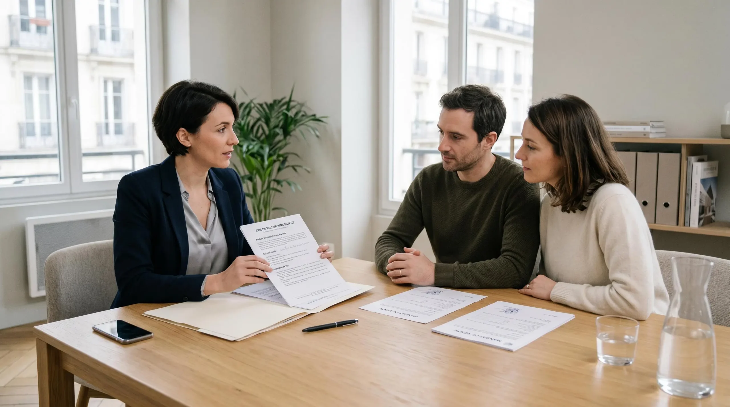 Agent immobilier présentant un rapport d'évaluation à des clients, avec documents de mandat et expertise disposés sur une table moderne