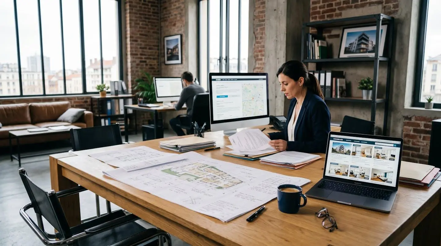Bureau d'agent immobilier moderne avec plans d'appartement, écrans d'ordinateur et dossiers de vente disposés sur un bureau contemporain
