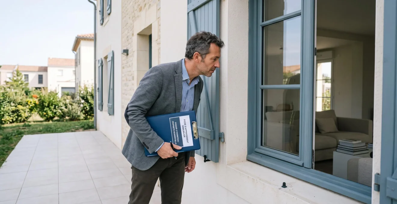 Expert immobilier professionnel inspectant les détails architecturaux d'un bien résidentiel contemporain lors d'une évaluation terrain, muni d'une tablette, dans un intérieur moderne et lumineux