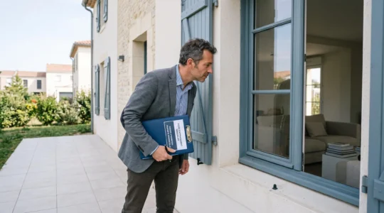 Expert immobilier professionnel inspectant les détails architecturaux d'un bien résidentiel contemporain lors d'une évaluation terrain, muni d'une tablette, dans un intérieur moderne et lumineux