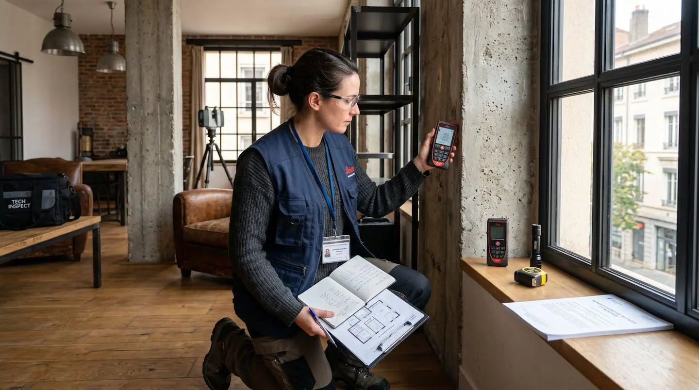 Expert immobilier réalisant une inspection technique dans un appartement avec équipement de mesure professionnel et rapport d'expertise