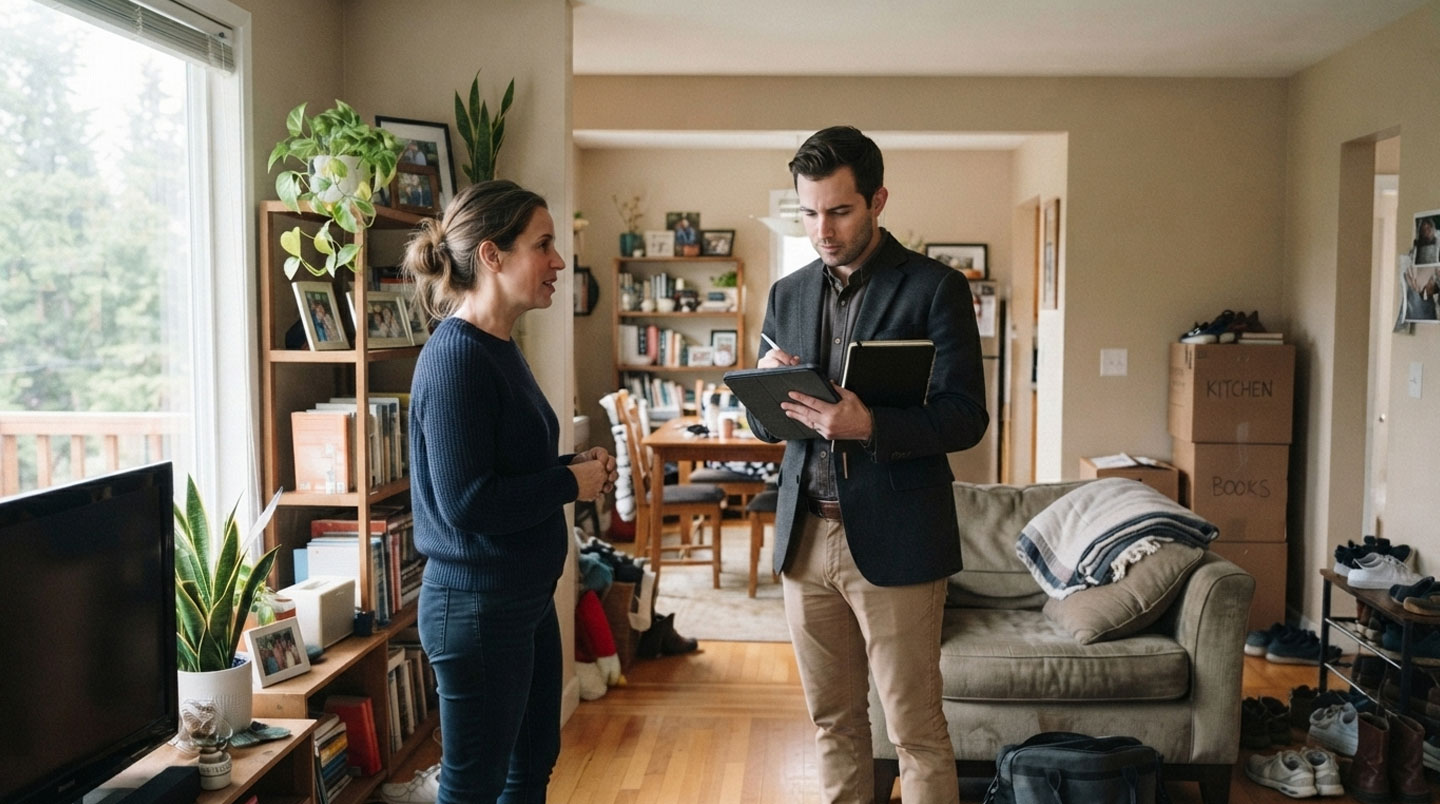Expert immobilier réalisant une inspection technique dans un appartement avec équipement de mesure professionnel et rapport d'expertise