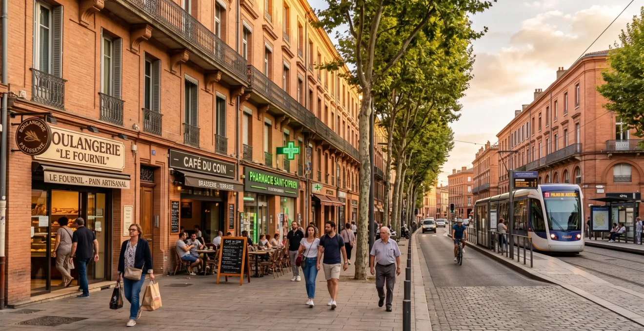 Rue résidentielle toulousaine typique avec immeubles en brique rose, commerces de proximité et passants, illustrant l'attractivité d'un quartier bien desservi